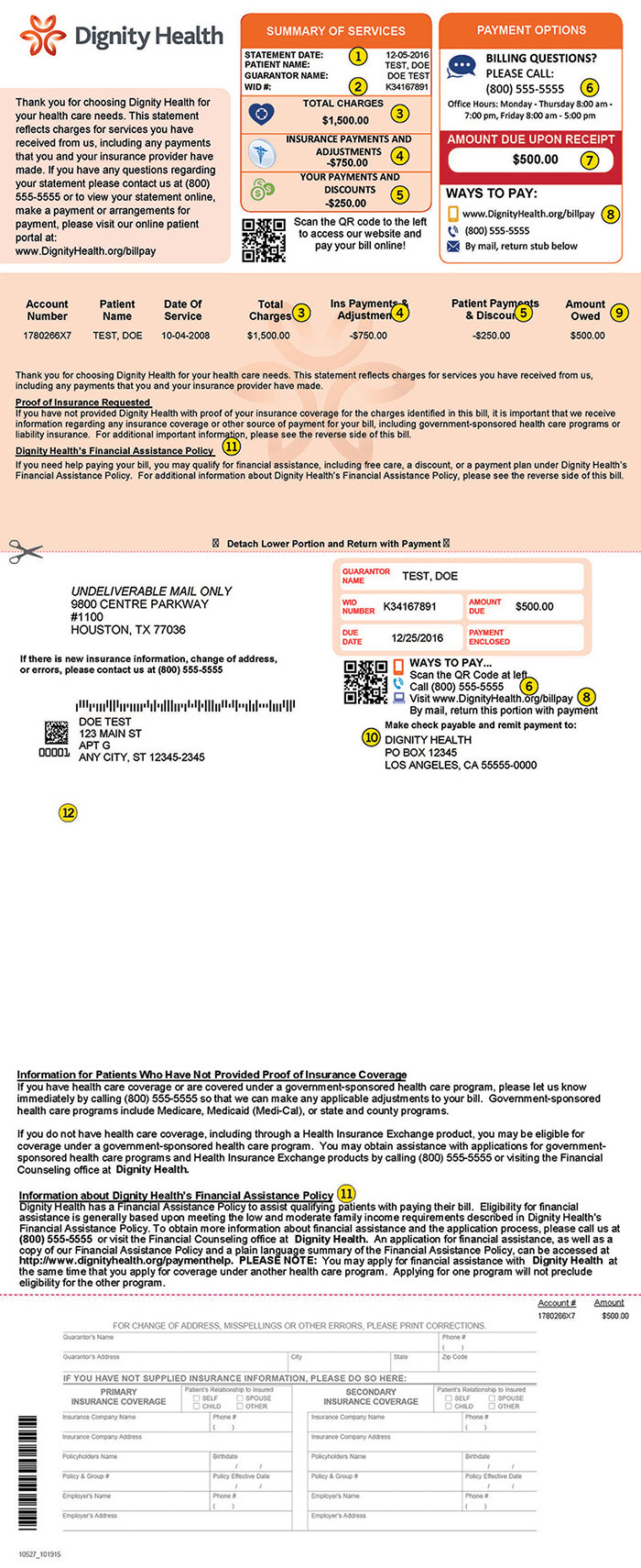 Example of a medical bill from Dignity Health showing the various elements you can expect to see.