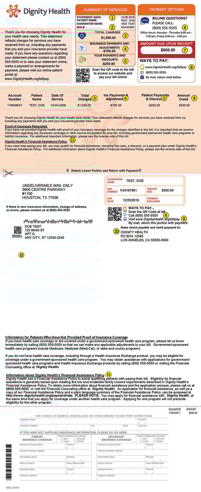 Example of a medical bill from Dignity Health showing the various elements you can expect to see.